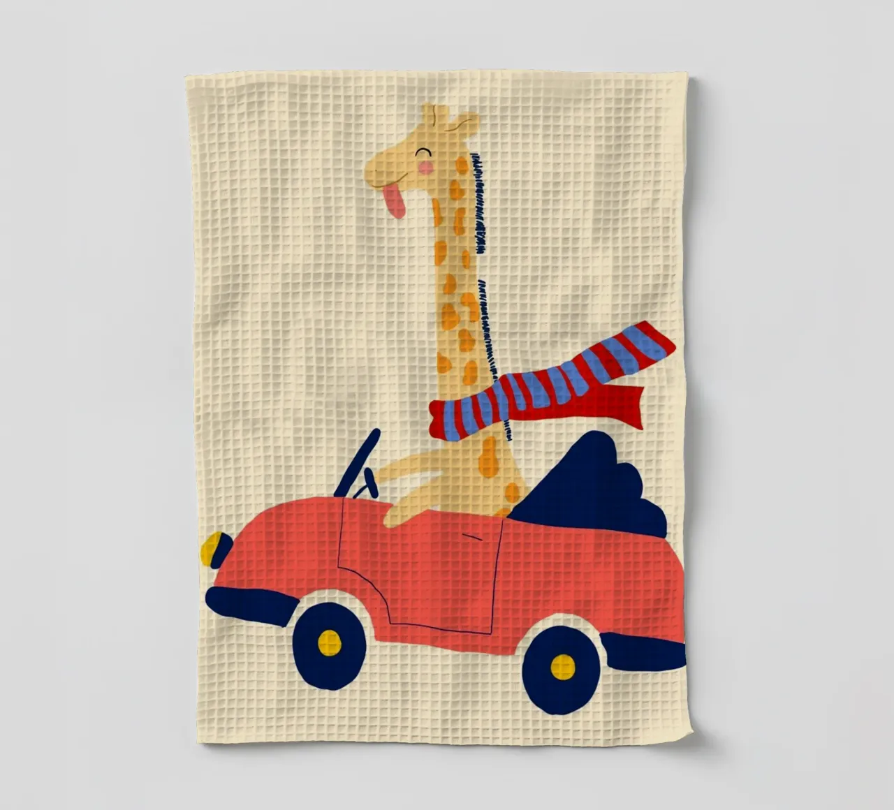 Simpatica giraffa in auto con sciarpa canovaccio da cucina da vintagepod