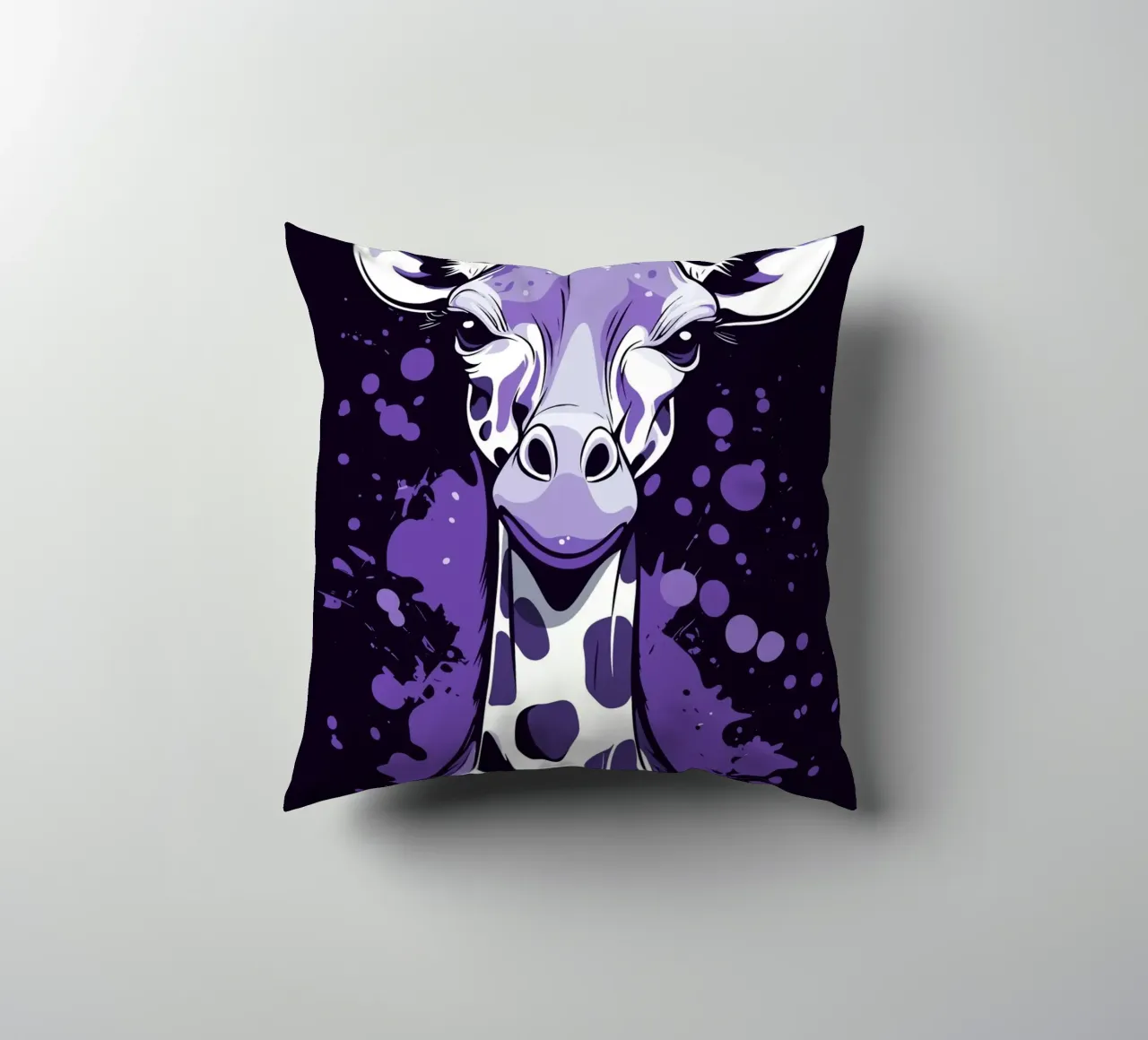 Giraffa viola in stile pop art splatter cuscino da pixelbull - medieval art and more