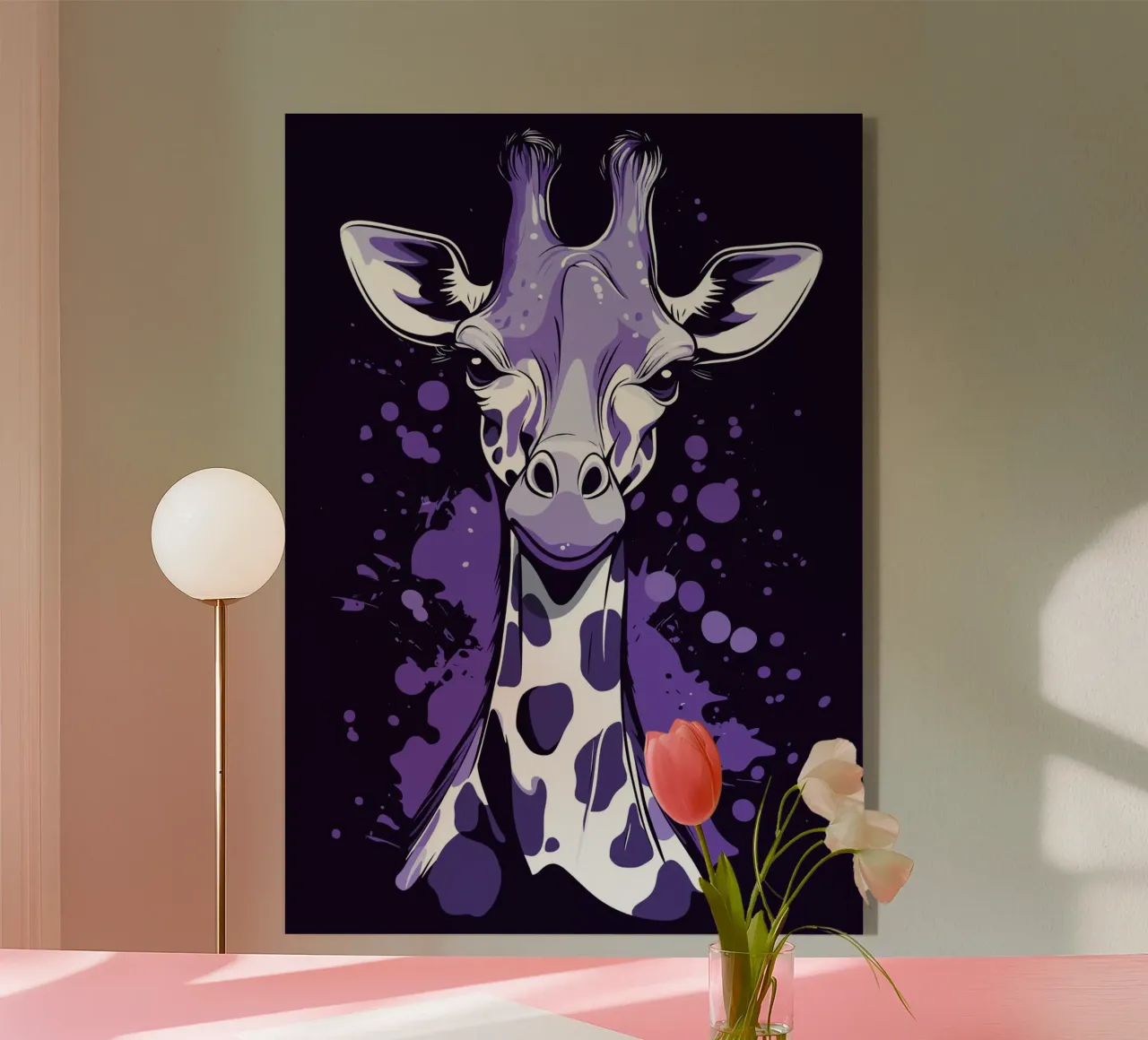 Giraffa viola in stile pop art splatter plexiglass da pixelbull - medieval art and more