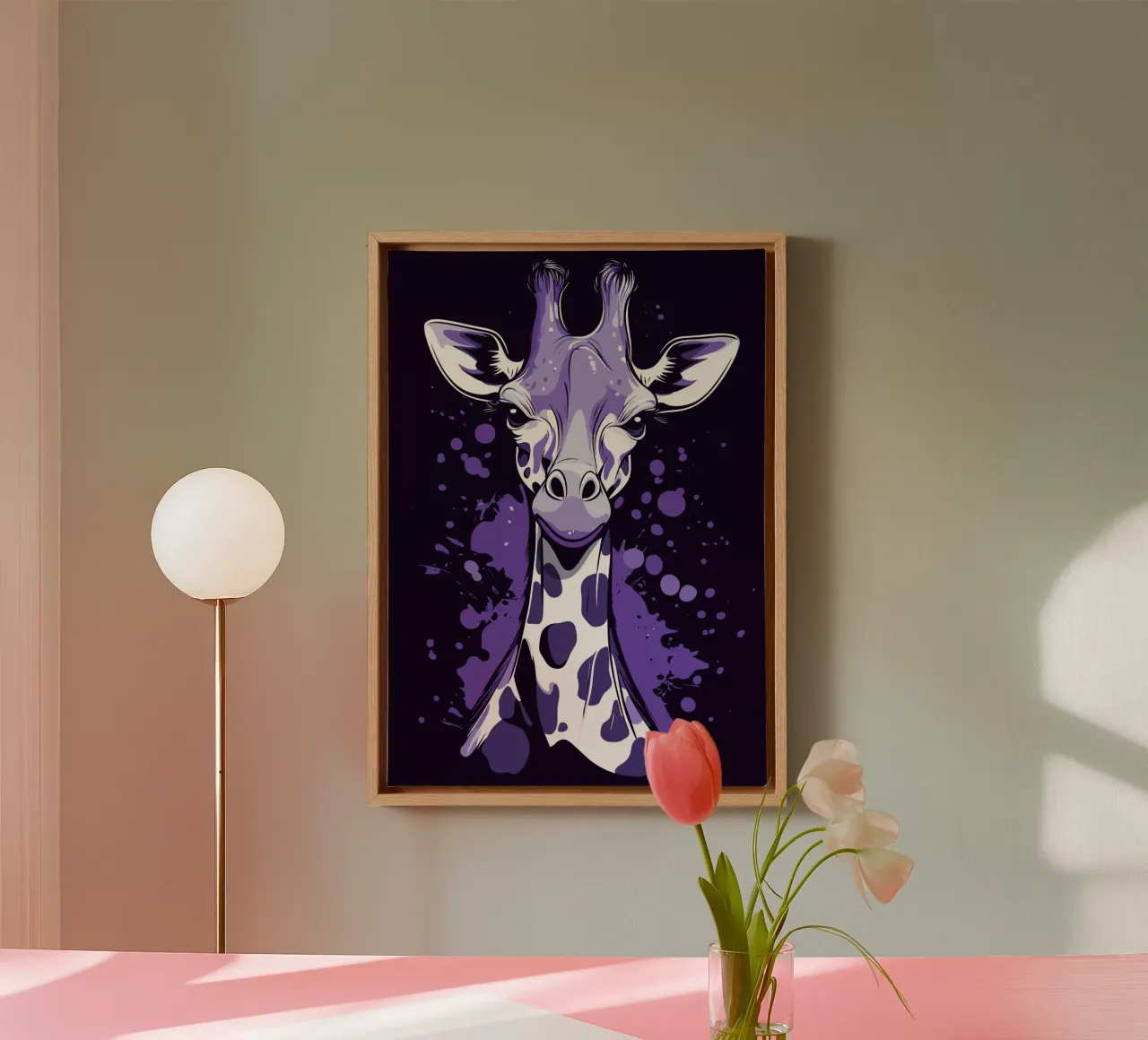 Purple giraffe in pop art splatter style canvas with Floater frame by pixelbull - medieval art and more