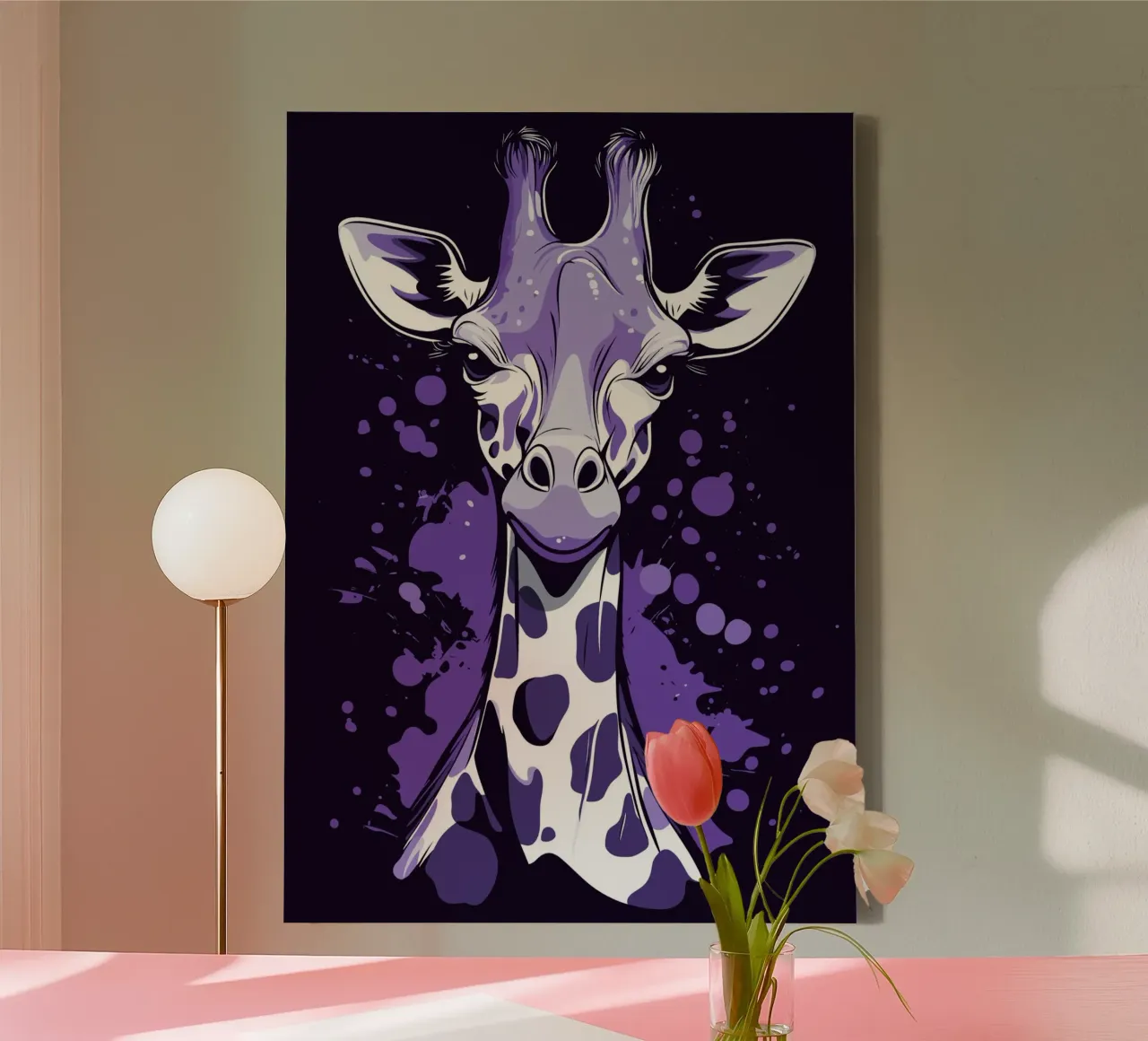 Purple giraffe in pop art splatter style canvas with Floater frame by pixelbull - medieval art and more
