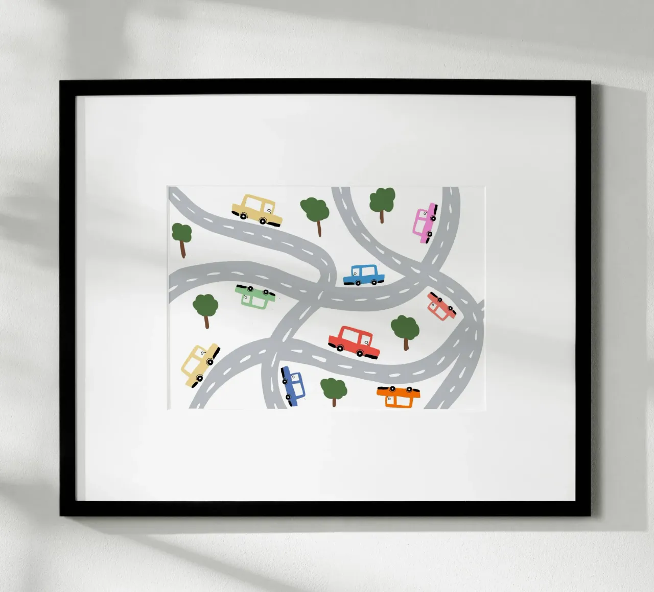 Auto carine su una mappa stradale Arte per bambini poster con telaio in plastica da vintagepod