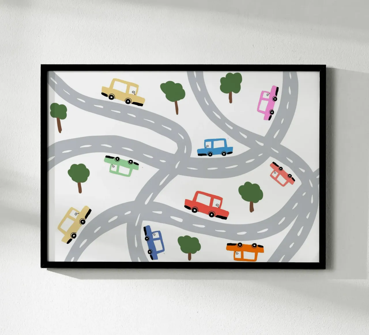 Auto carine su una mappa stradale Arte per bambini poster con telaio in plastica da vintagepod