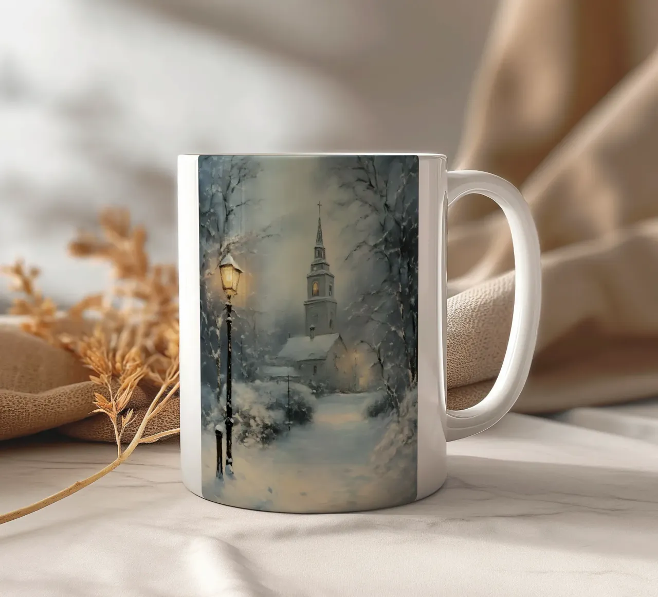 Chiesa invernale nella neve tazza in ceramica da Studio Vibe