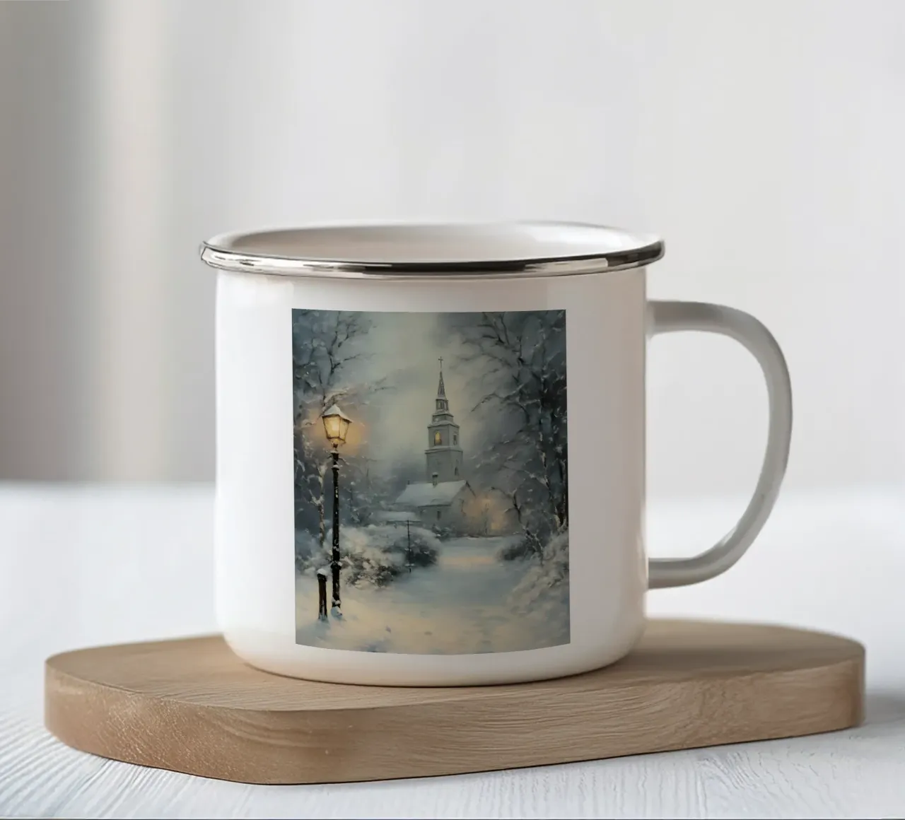 Chiesa invernale nella neve tazza in smalto da Studio Vibe