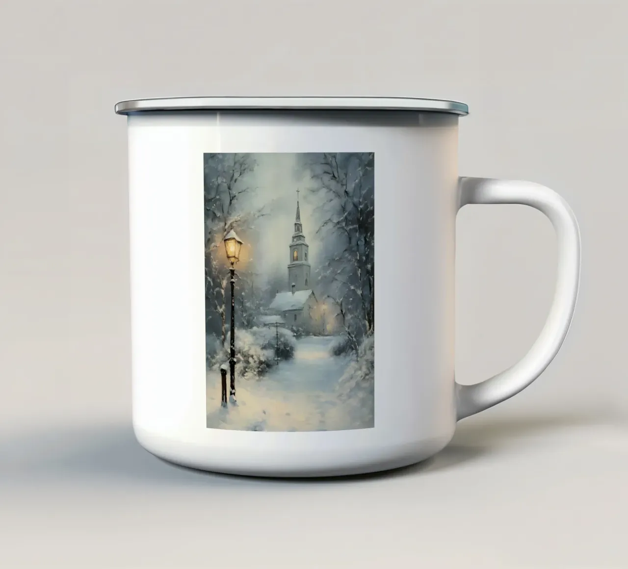 Chiesa invernale nella neve tazza in smalto da Studio Vibe