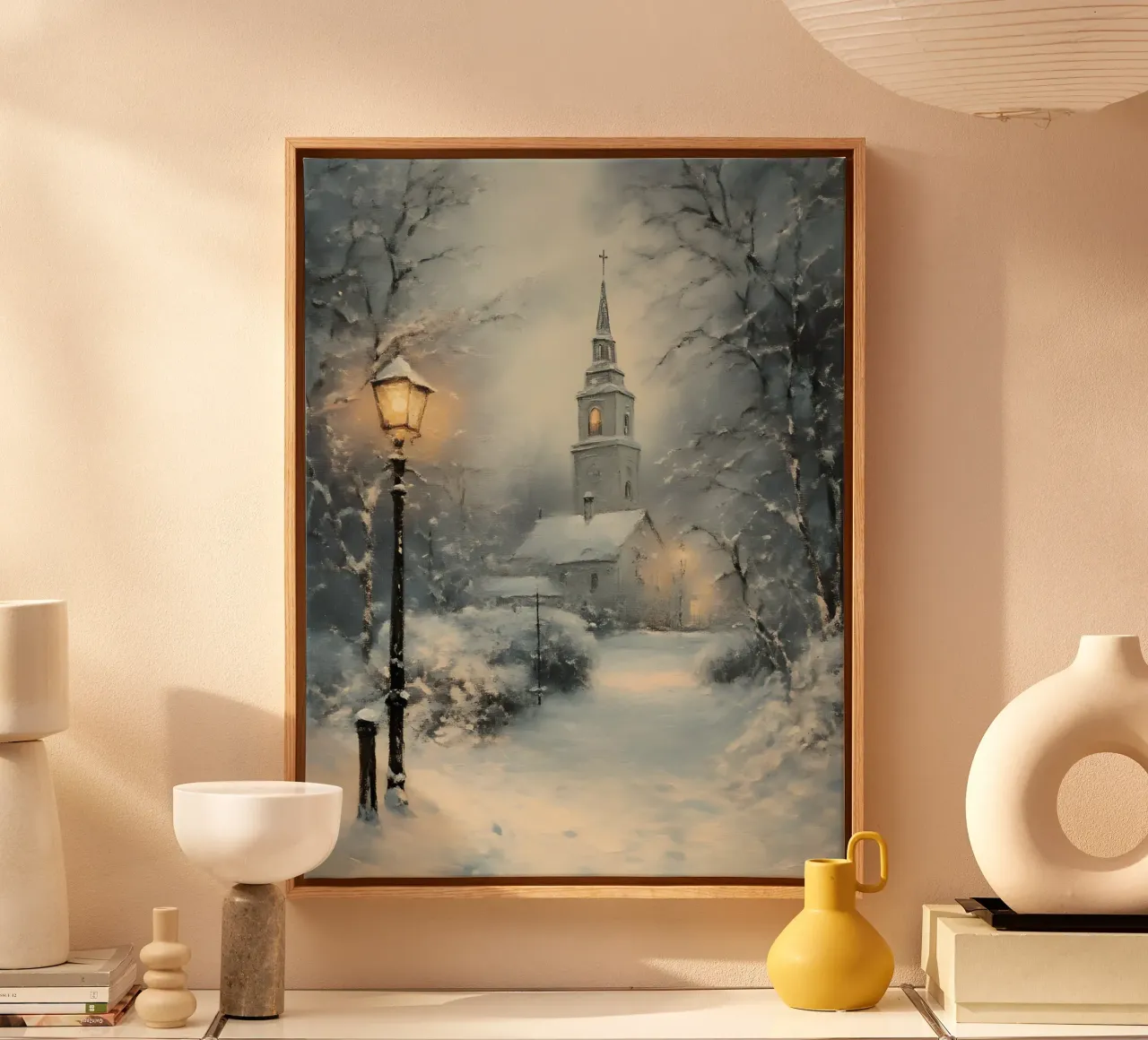 Winterkerk in de sneeuw canvas met Baklijst van Studio Vibe