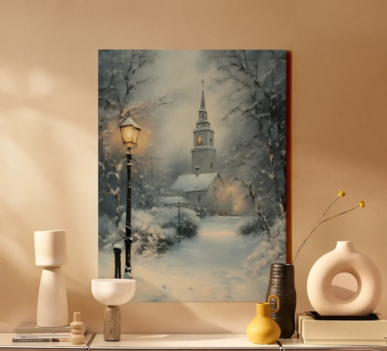 Winterkerk in de sneeuw canvas met Baklijst van Studio Vibe