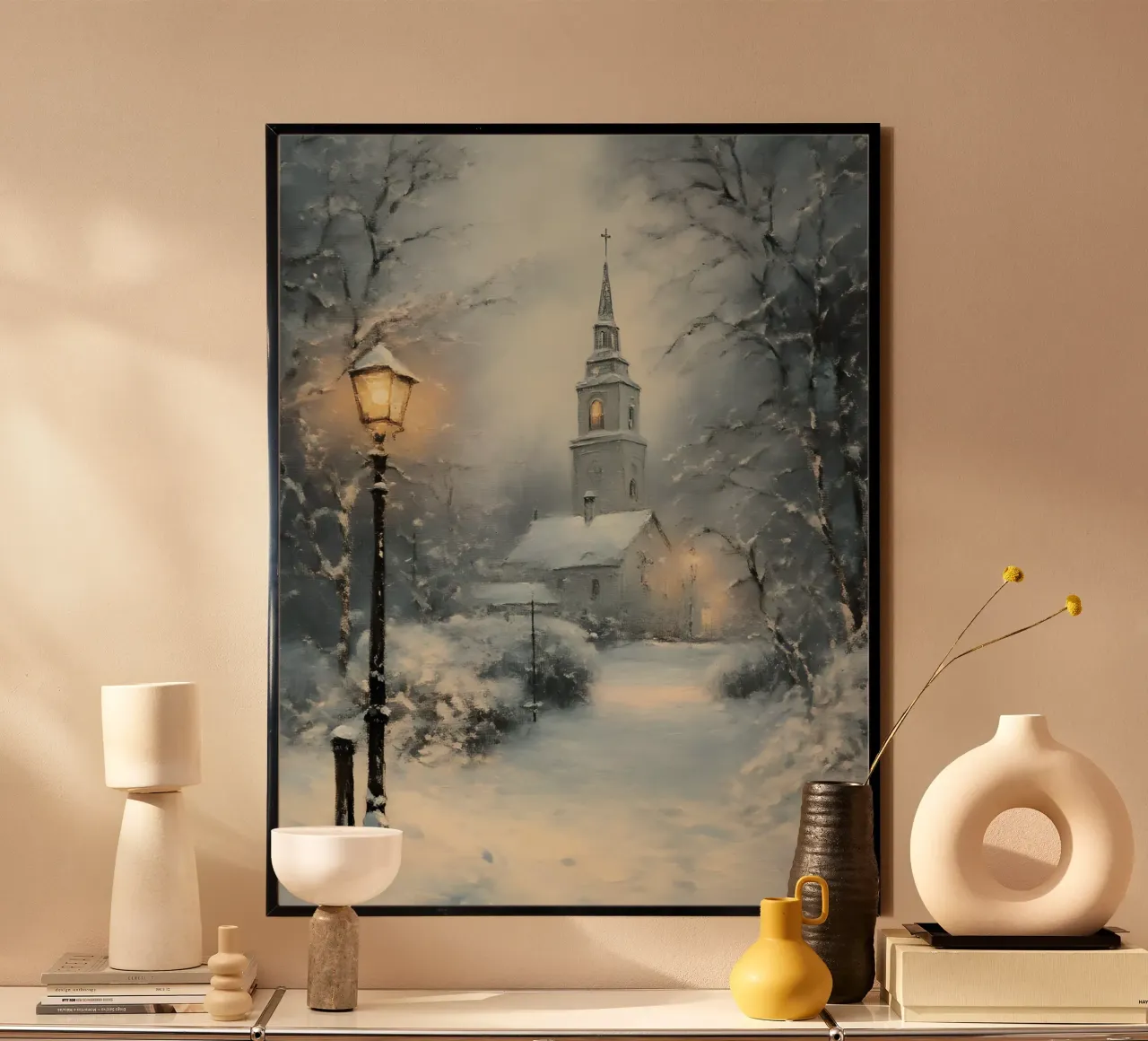 Chiesa invernale nella neve poster con telaio in plastica da Studio Vibe