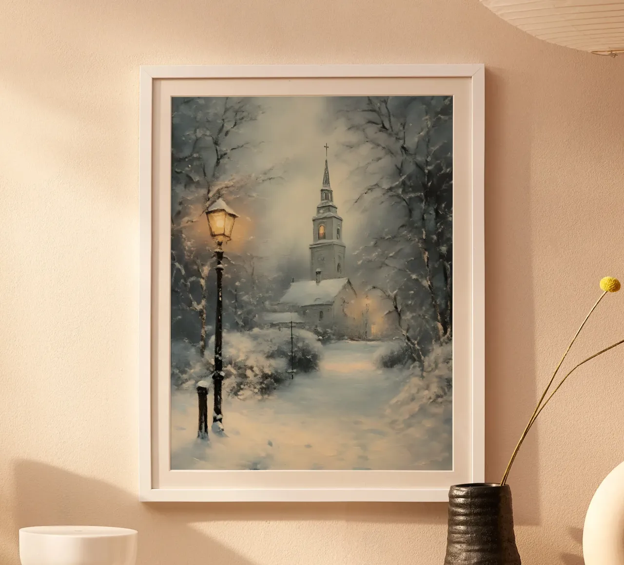 Chiesa invernale nella neve poster con telaio in plastica da Studio Vibe