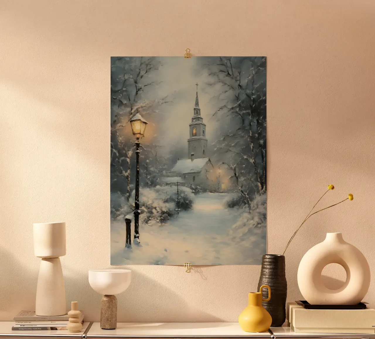 Chiesa invernale nella neve poster con telaio in plastica da Studio Vibe