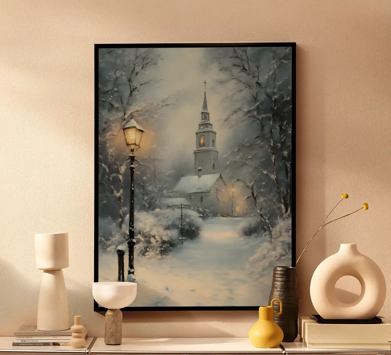 Chiesa invernale nella neve poster con telaio in plastica da Studio Vibe