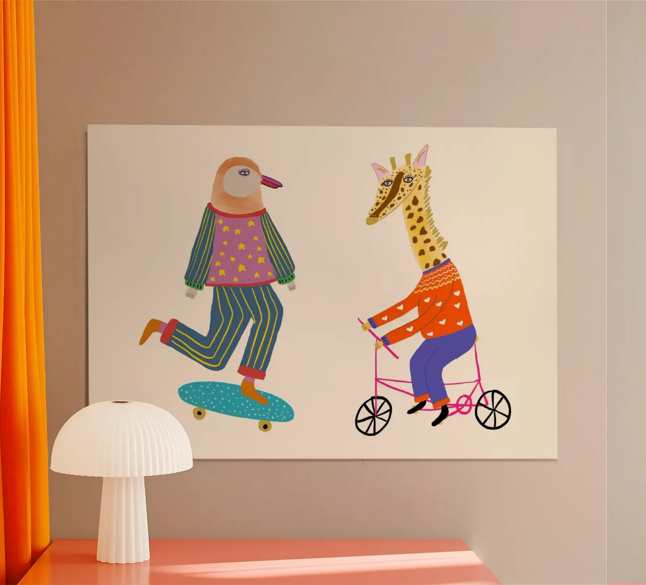 Pinguino e giraffa in bici sullo skateboard poster da vintagepod