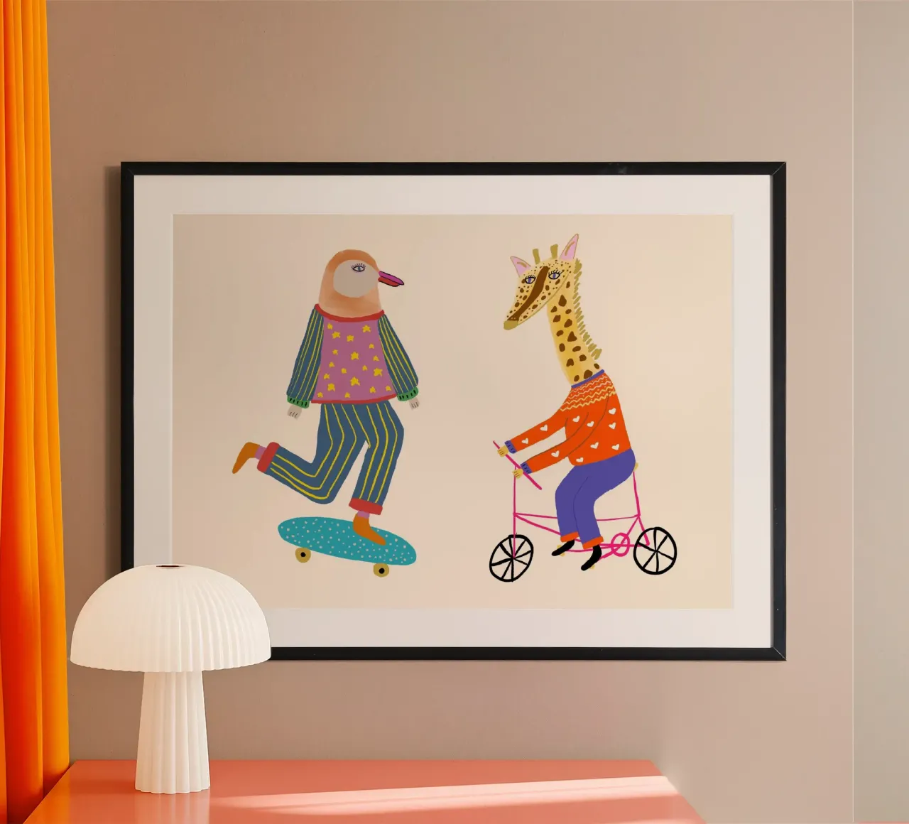 Pinguino e giraffa in bici sullo skateboard poster da vintagepod