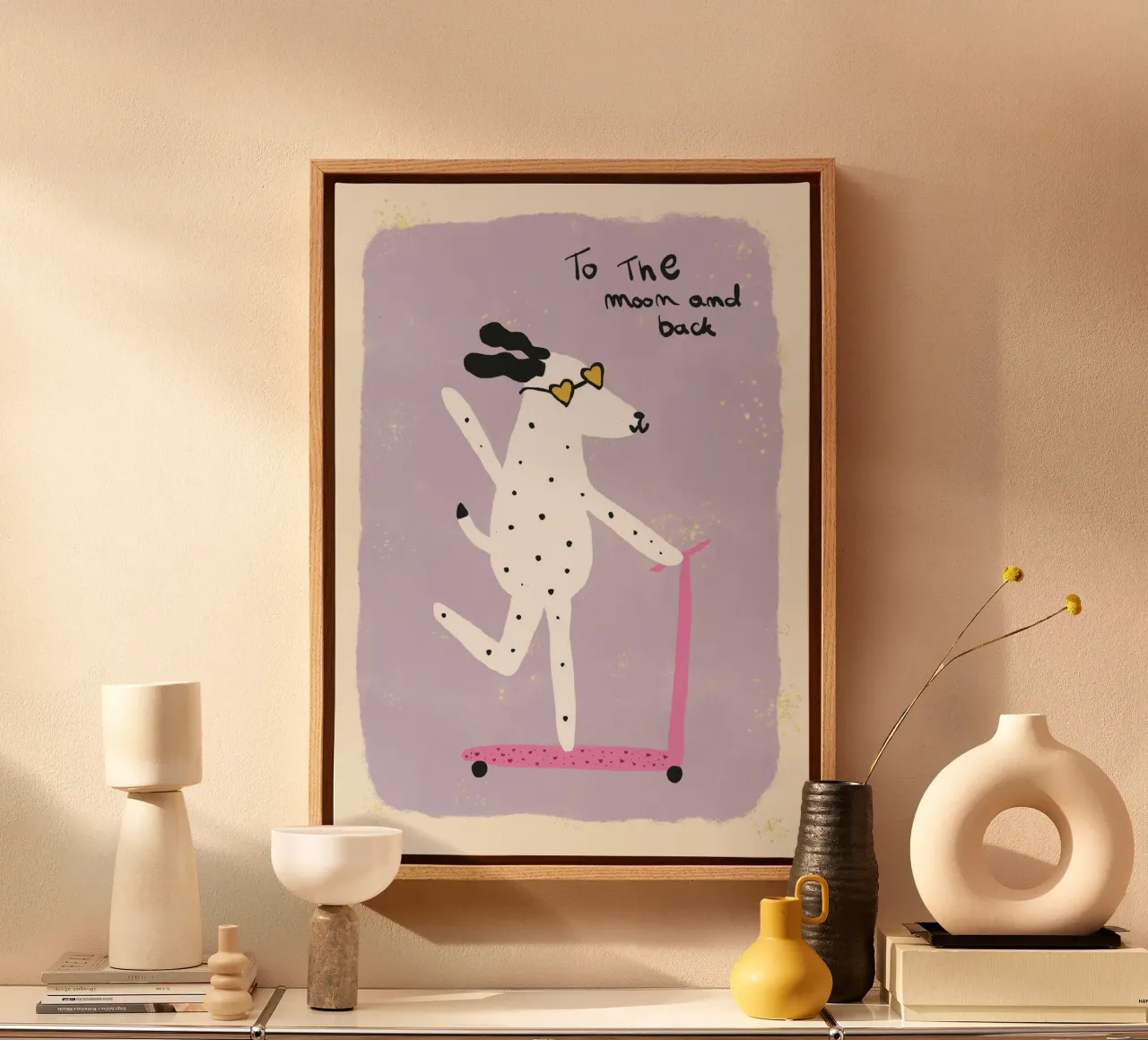 Dog on Scooter 'To the Moon and Back' canvas with Floater frame by vintagepod