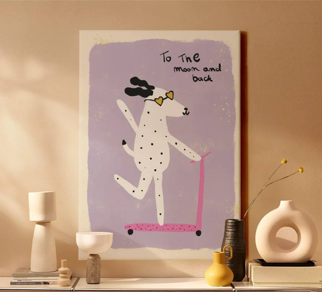 Dog on Scooter 'To the Moon and Back' canvas with Floater frame by vintagepod