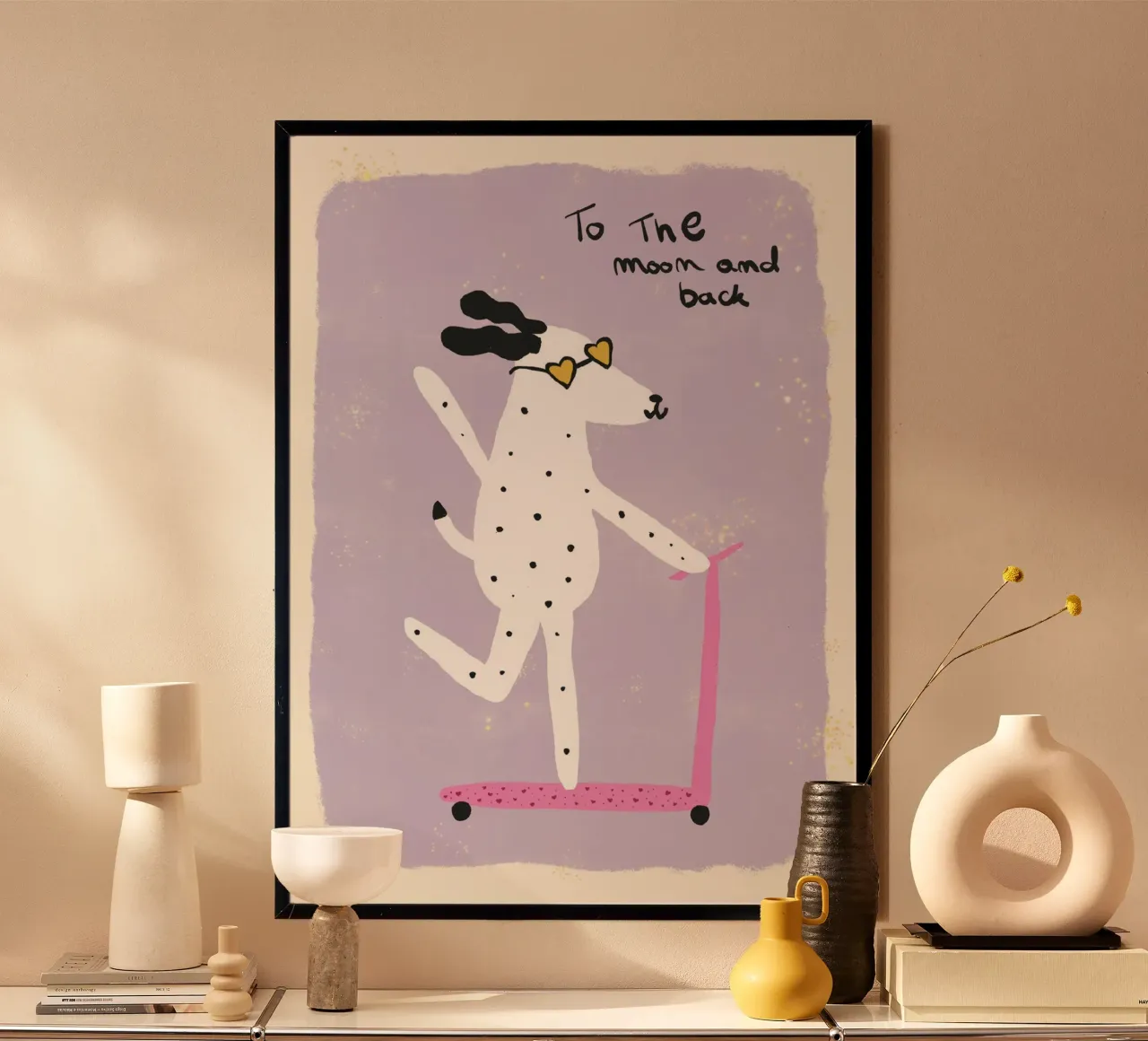 Cane in scooter 'Fino alla luna e ritorno' poster con telaio in plastica da vintagepod