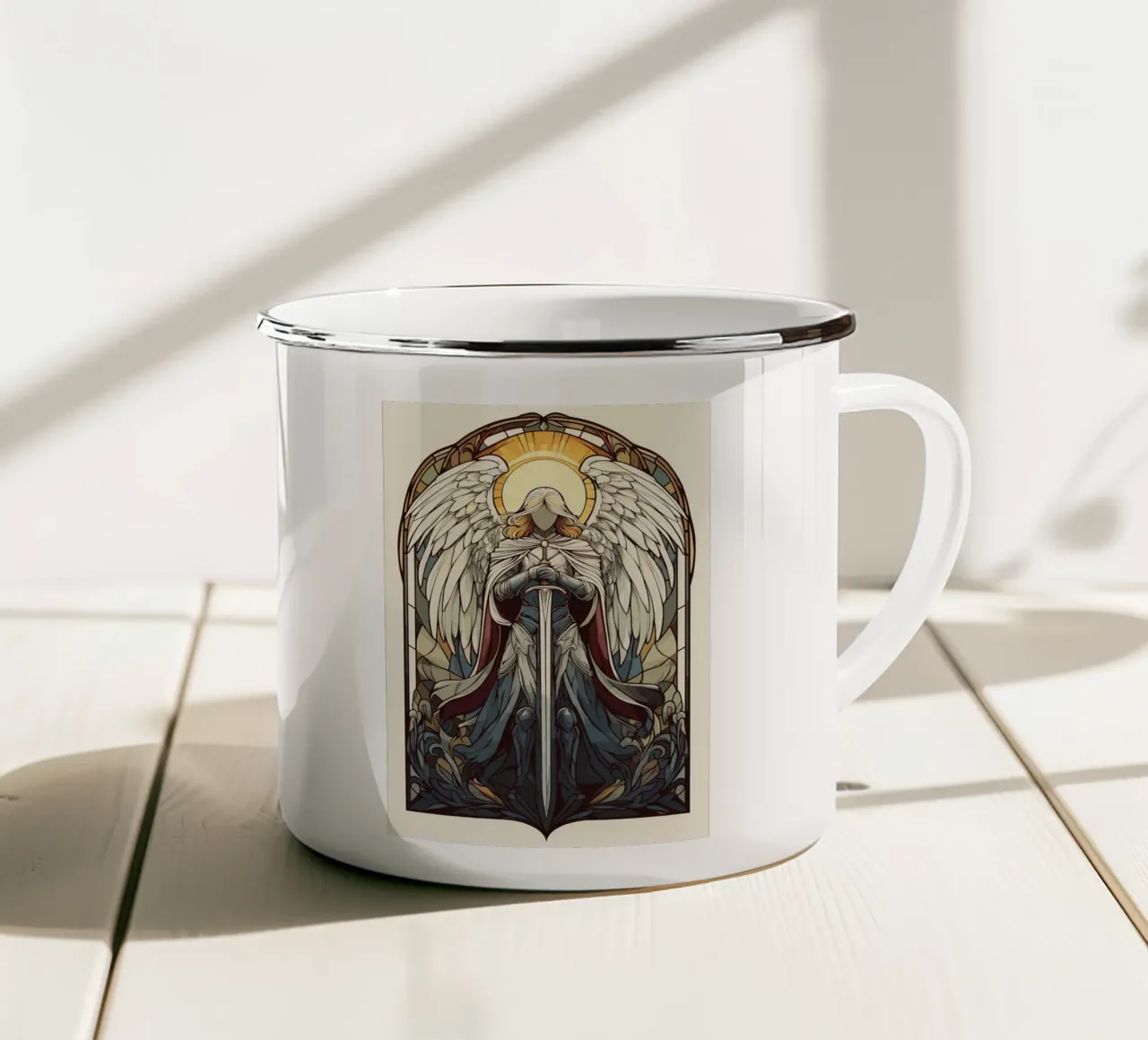 Angelo esaltato con spada ad arco tazza in smalto da pixelbull - medieval art and more