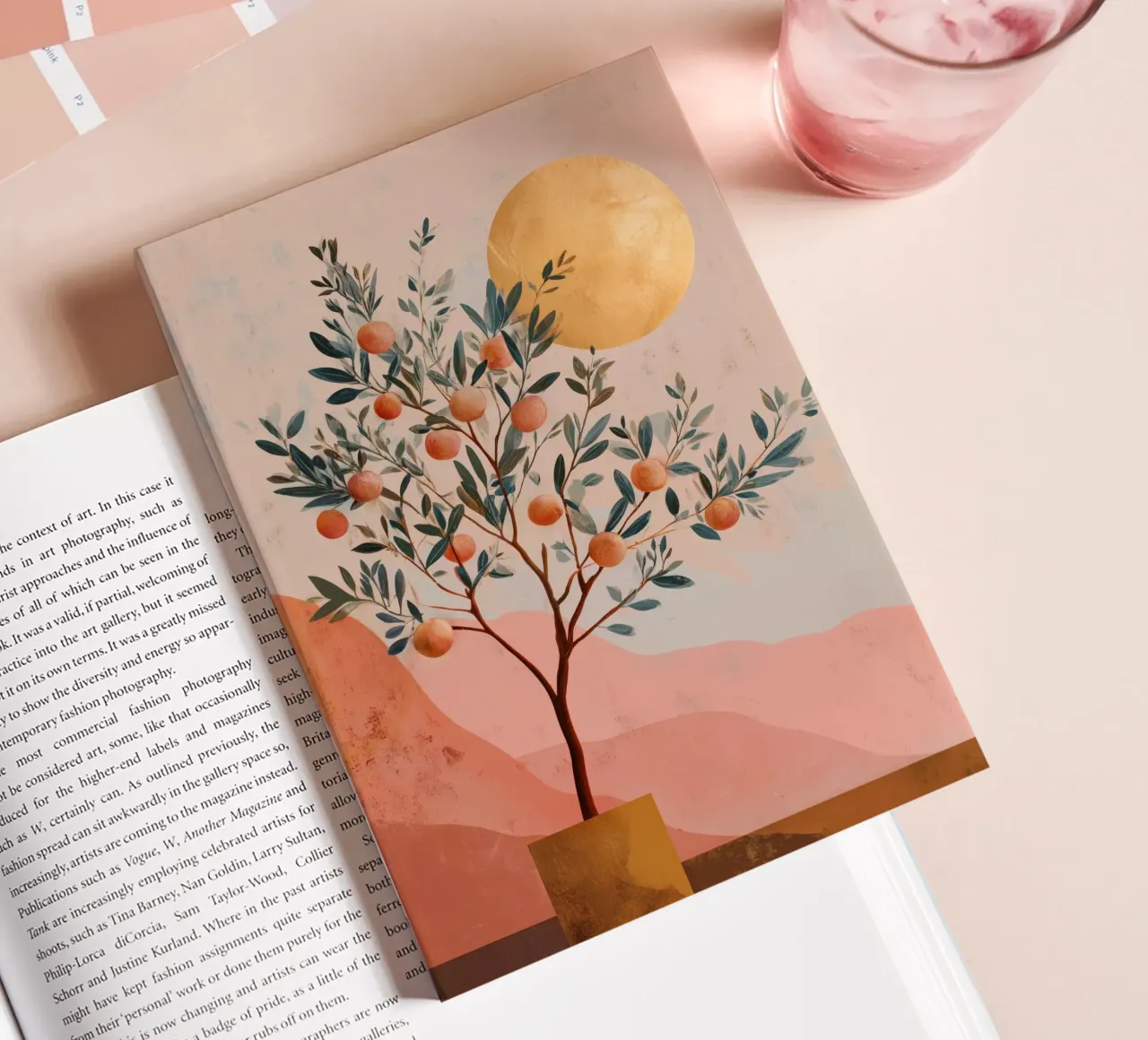 Orange Tree and Golden Moon Boho Botanical Art Print notebook by Gentle Echoes Art