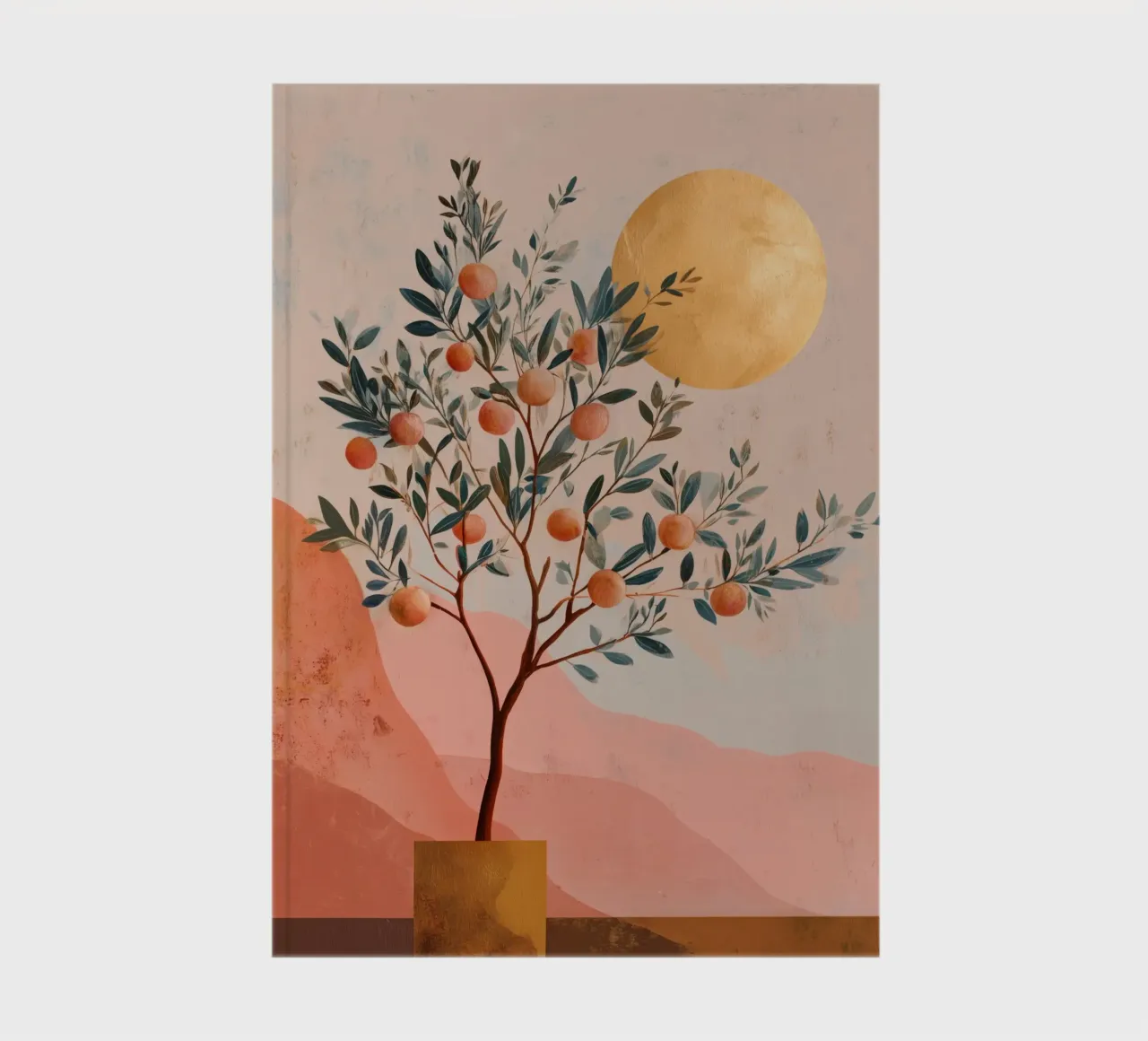 Orange Tree and Golden Moon Boho Botanical Art Print notebook by Gentle Echoes Art