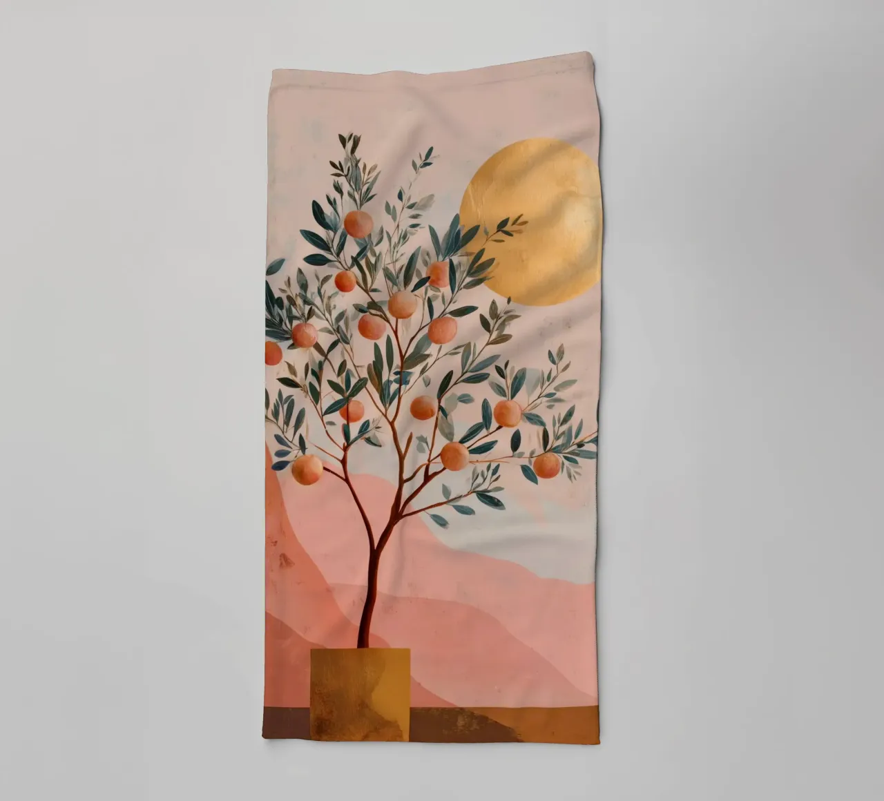 Orange Tree and Golden Moon Boho Botanical Art Print towel by Gentle Echoes Art