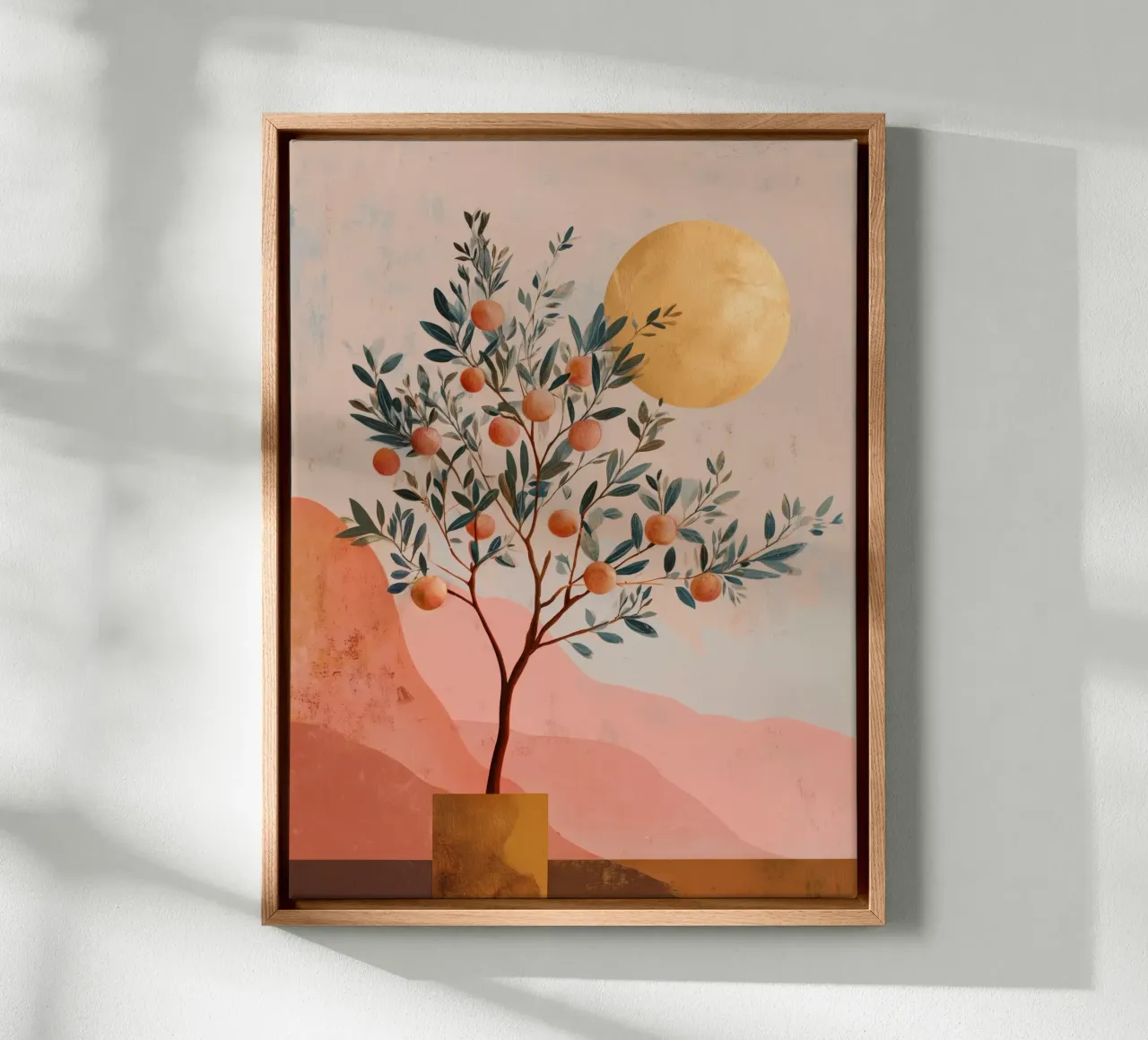 Lámina de arte botánico boho con naranjo y luna dorada lienzo con Marco flotante de Gentle Echoes Art