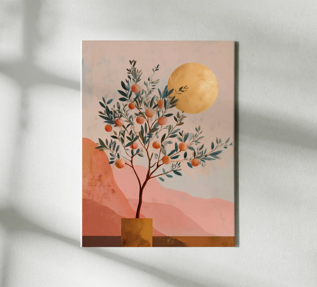 Lámina de arte botánico boho con naranjo y luna dorada lienzo con Marco flotante de Gentle Echoes Art