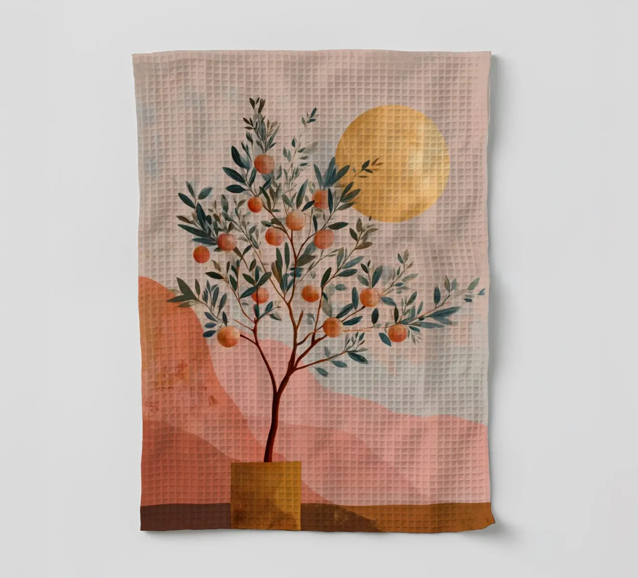 Orange Tree and Golden Moon Boho Botanical Art Print (en anglais) torchon de Gentle Echoes Art