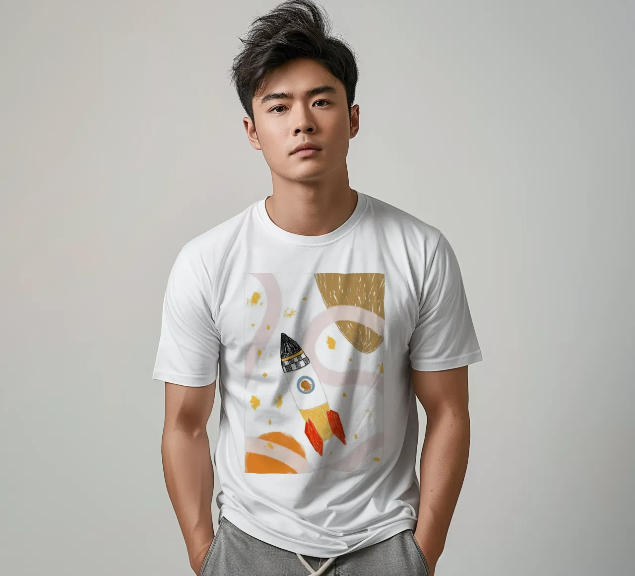 Poster spaziale con un simpatico leone in una nave razzo t-shirt da vintagepod