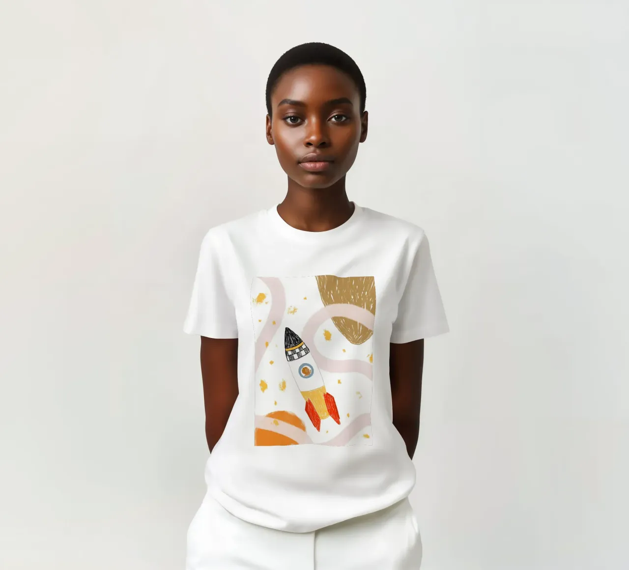 Poster spaziale con un simpatico leone in una nave razzo t-shirt da vintagepod