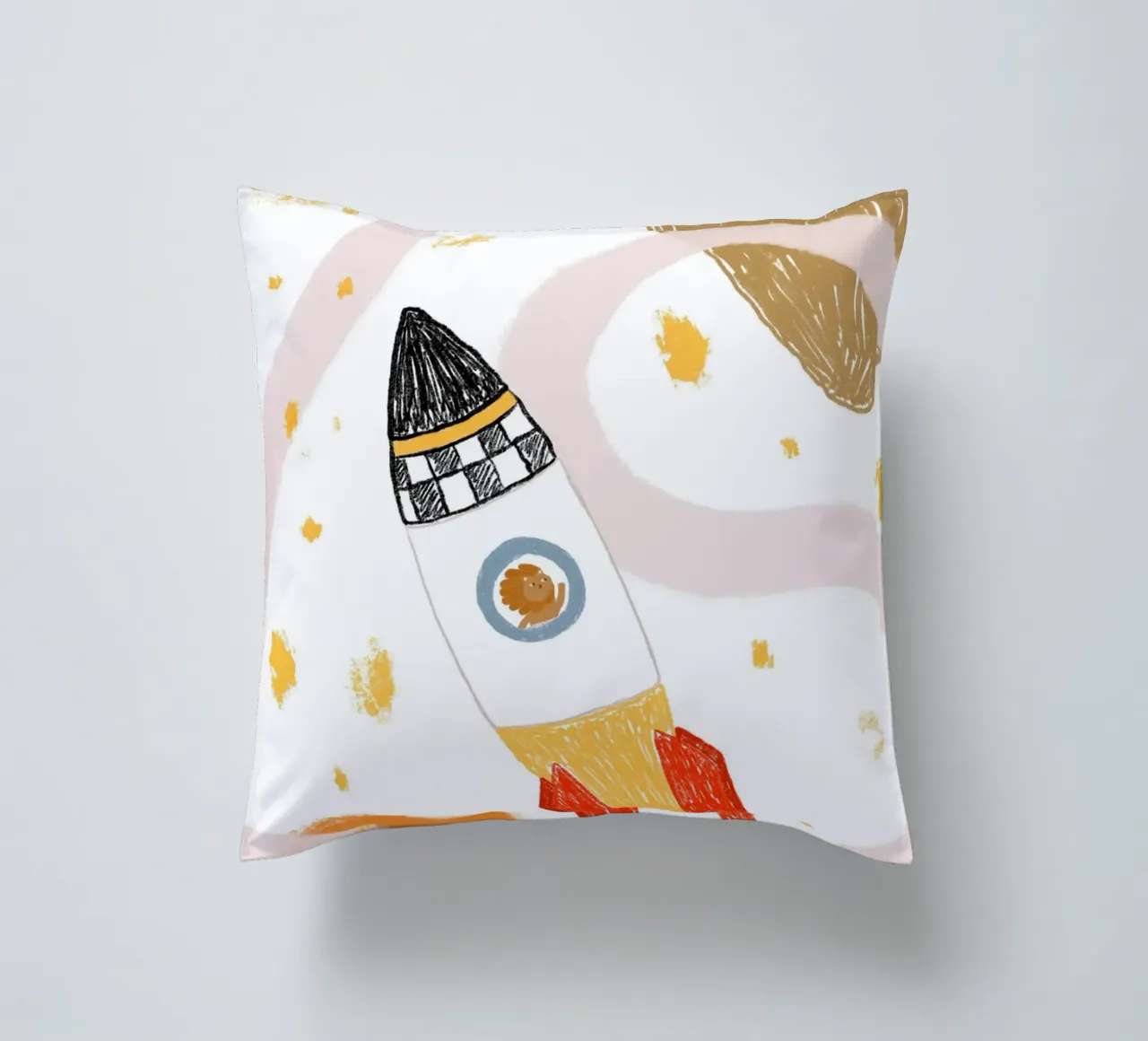 Poster spaziale con un simpatico leone in una nave razzo cuscino da vintagepod
