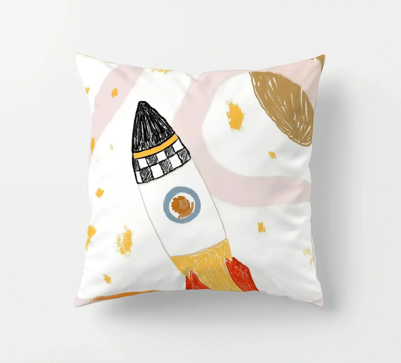 Poster spaziale con un simpatico leone in una nave razzo cuscino da vintagepod