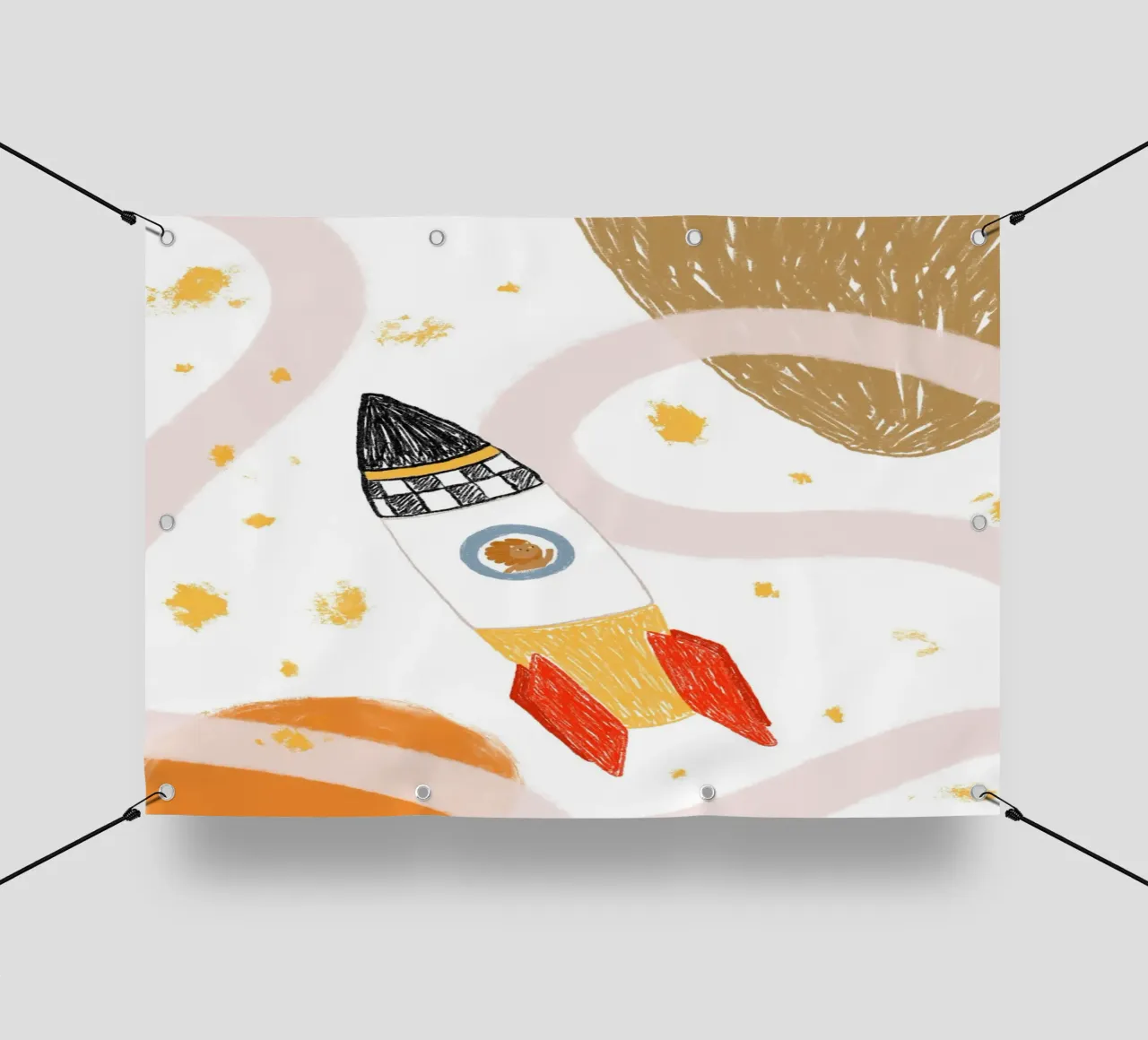 Poster spaziale con un simpatico leone in una nave razzo telo in pvc da vintagepod