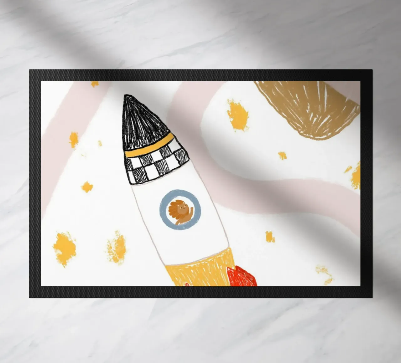 Poster spaziale con un simpatico leone in una nave razzo zerbino da vintagepod