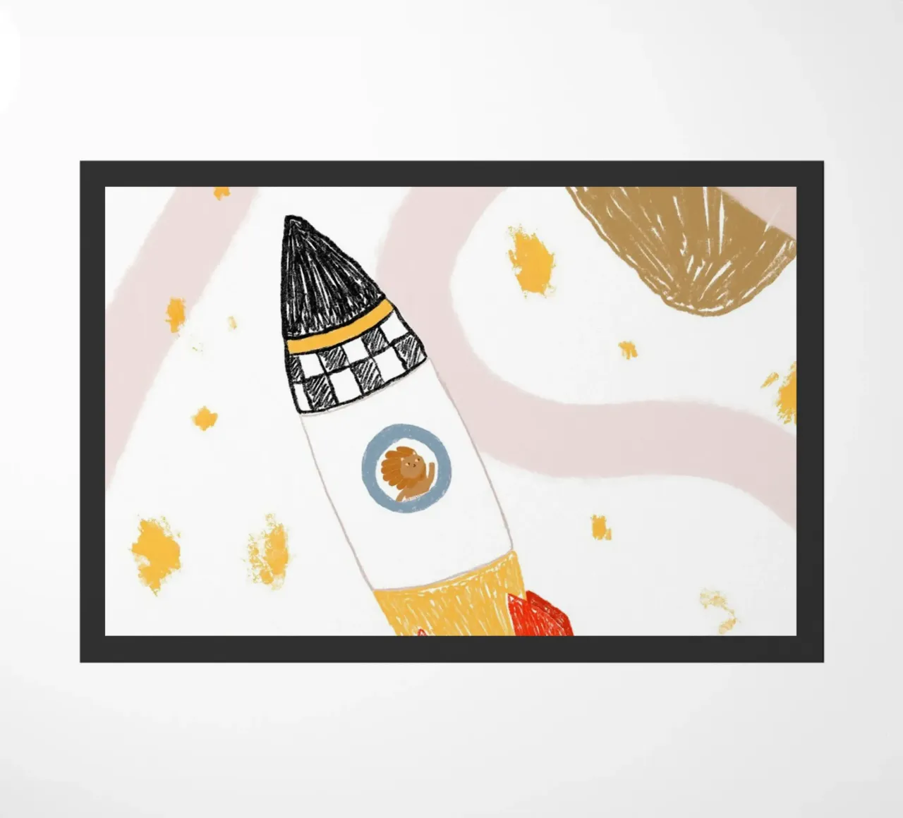 Poster spaziale con un simpatico leone in una nave razzo zerbino da vintagepod