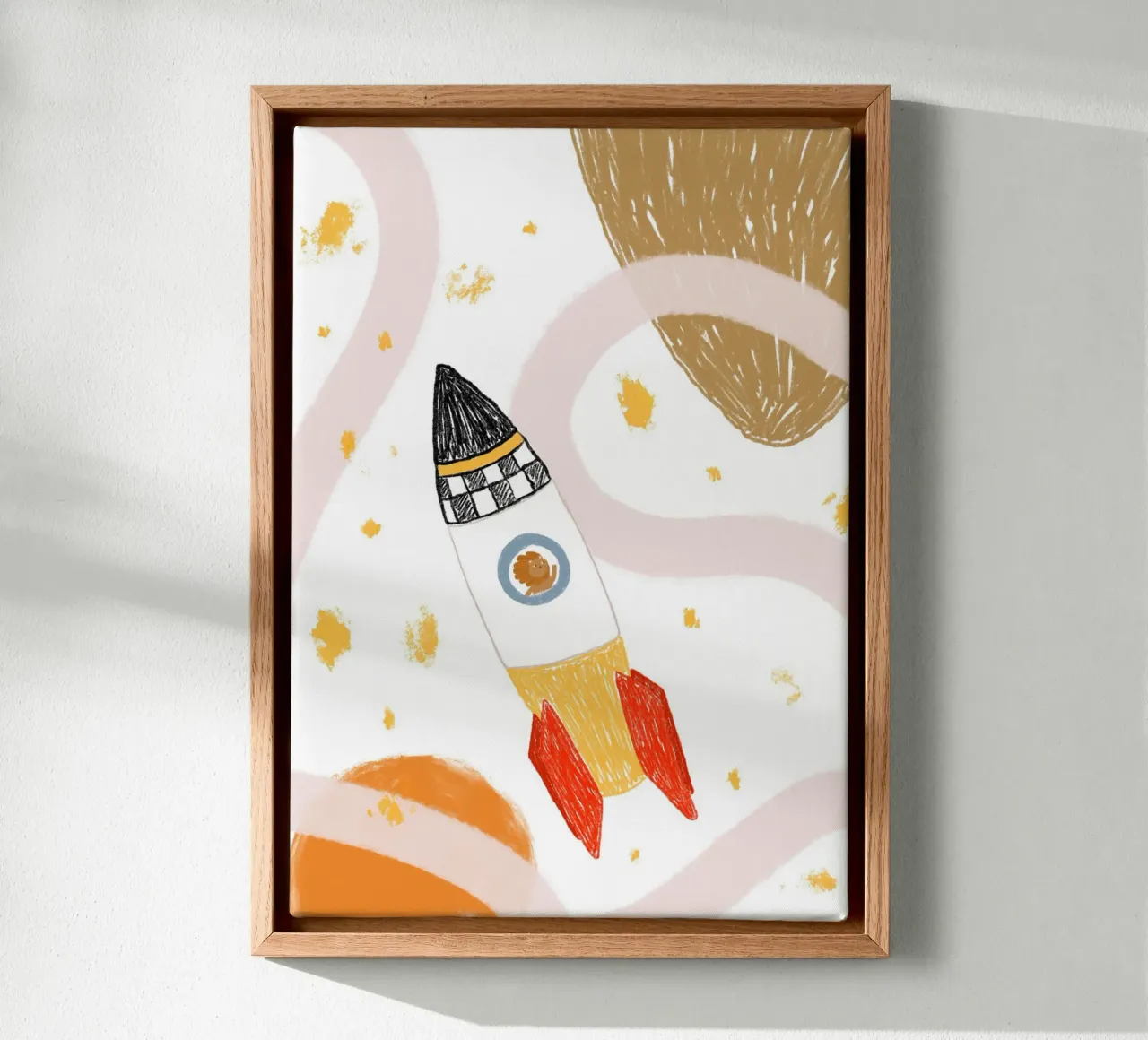 Poster spaziale con un simpatico leone in una nave razzo tela con Cornice a cassetta da vintagepod