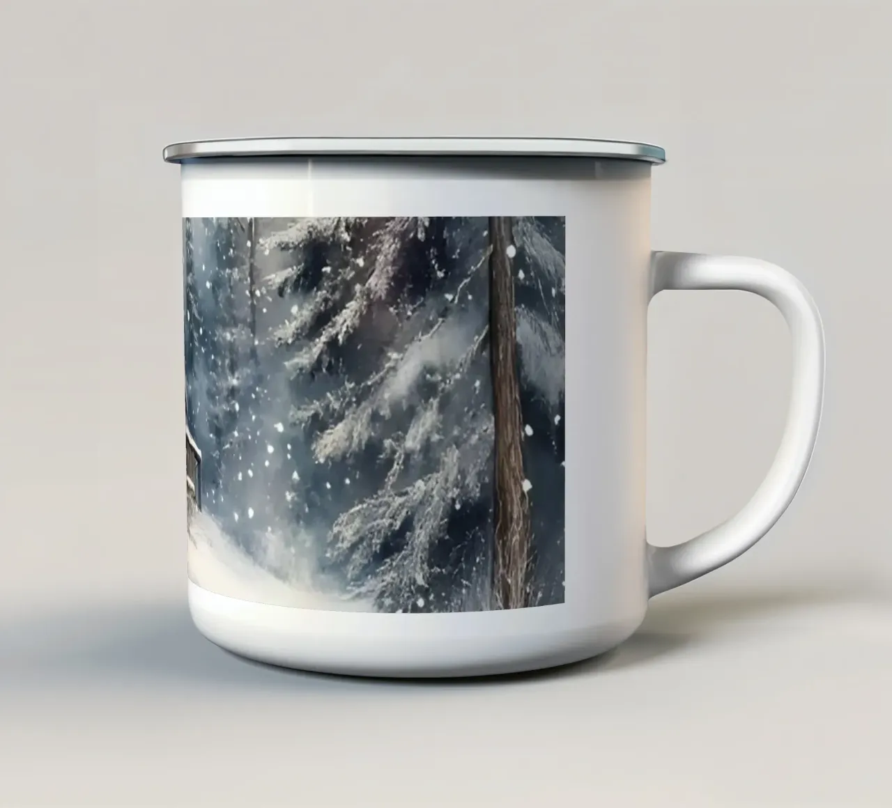 Rifugio invernale nella foresta innevata tazza in smalto da Studio Vibe