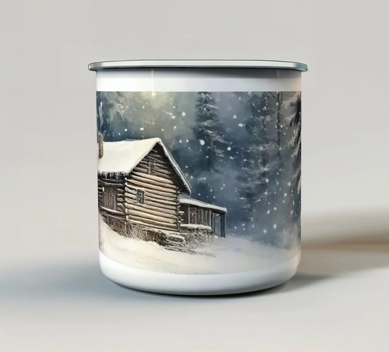 Rifugio invernale nella foresta innevata tazza in smalto da Studio Vibe