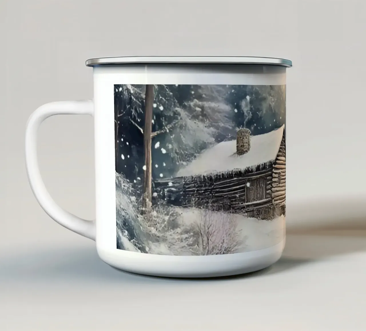 Rifugio invernale nella foresta innevata tazza in smalto da Studio Vibe