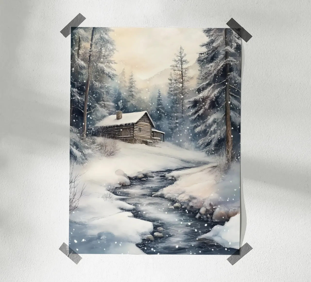 Cabane d'hiver dans la forêt enneigée poster de Studio Vibe