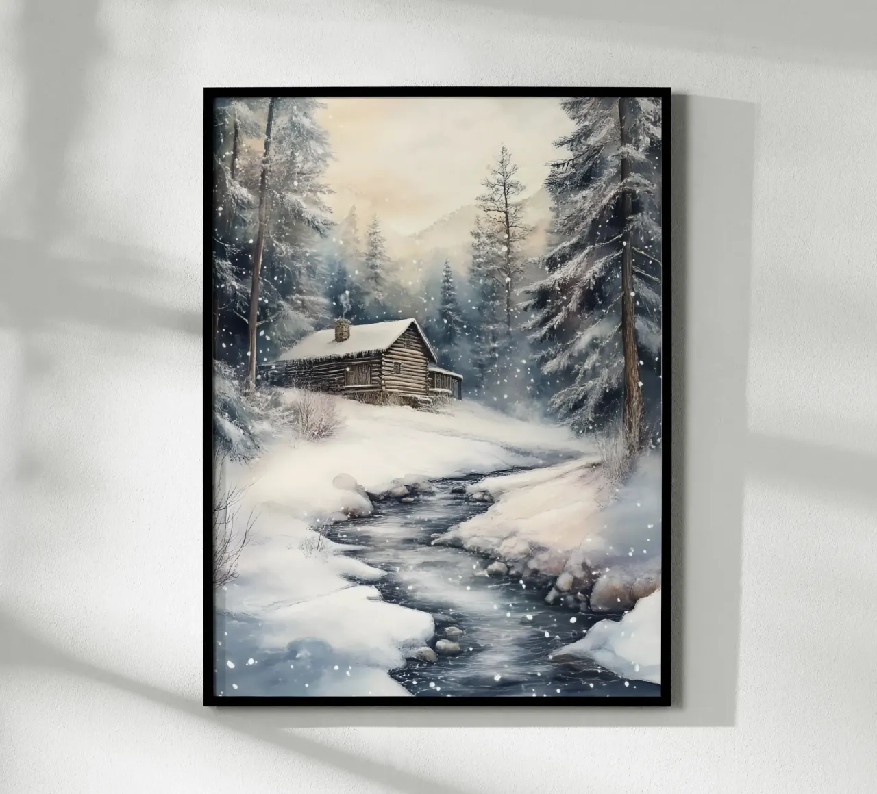 Cabane d'hiver dans la forêt enneigée poster de Studio Vibe