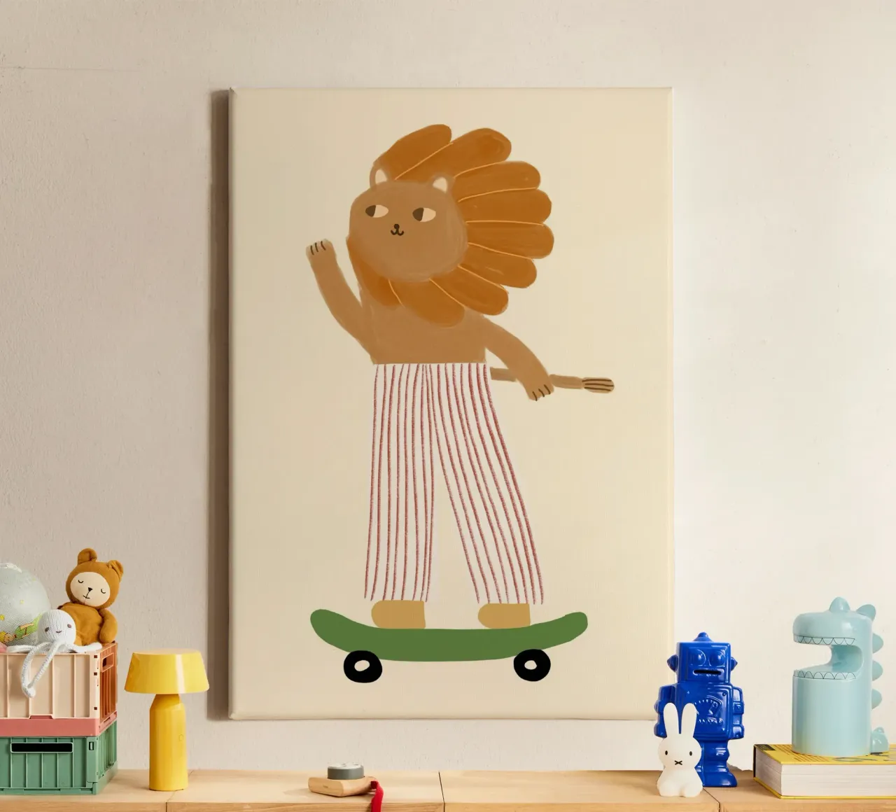 Skateboarden Leeuw Gestreepte Broek Kunst canvas met Baklijst van vintagepod