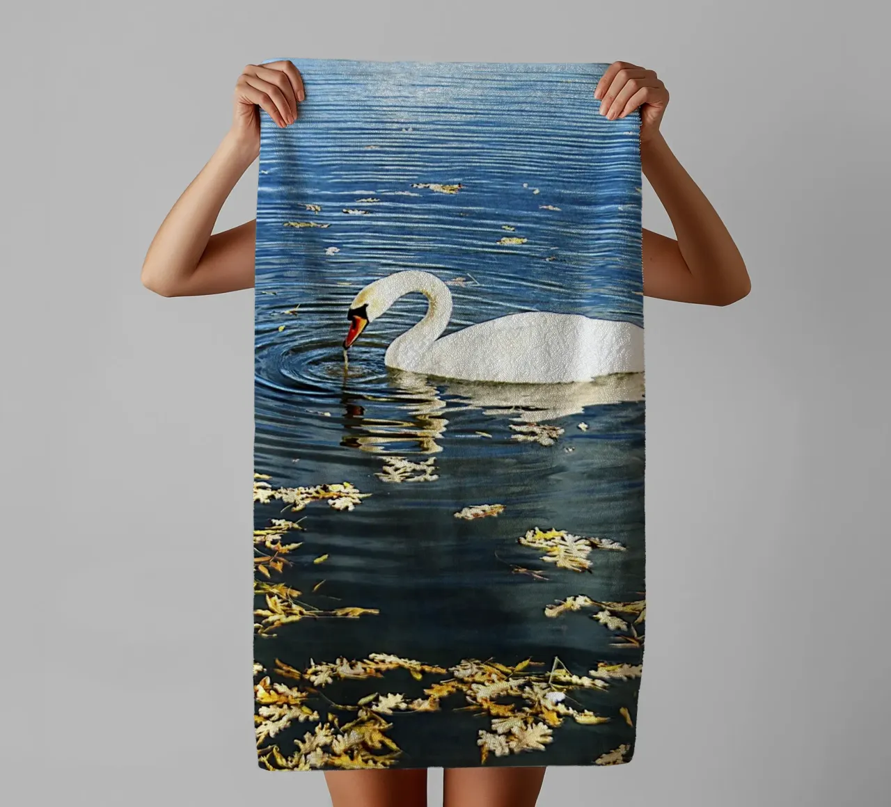 Swan on Tranquil Lake with Ripples – Nature Photo Print towel by jay