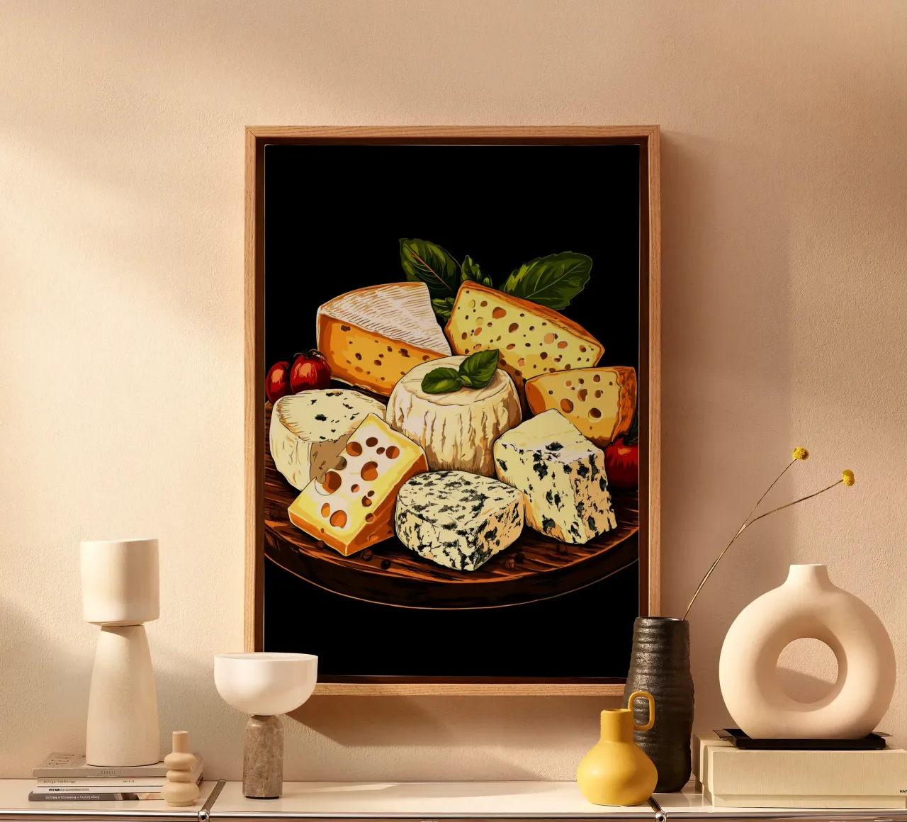 Variedad de quesos finos en una tabla de madera lienzo con Marco flotante de pixelbull - medieval art and more
