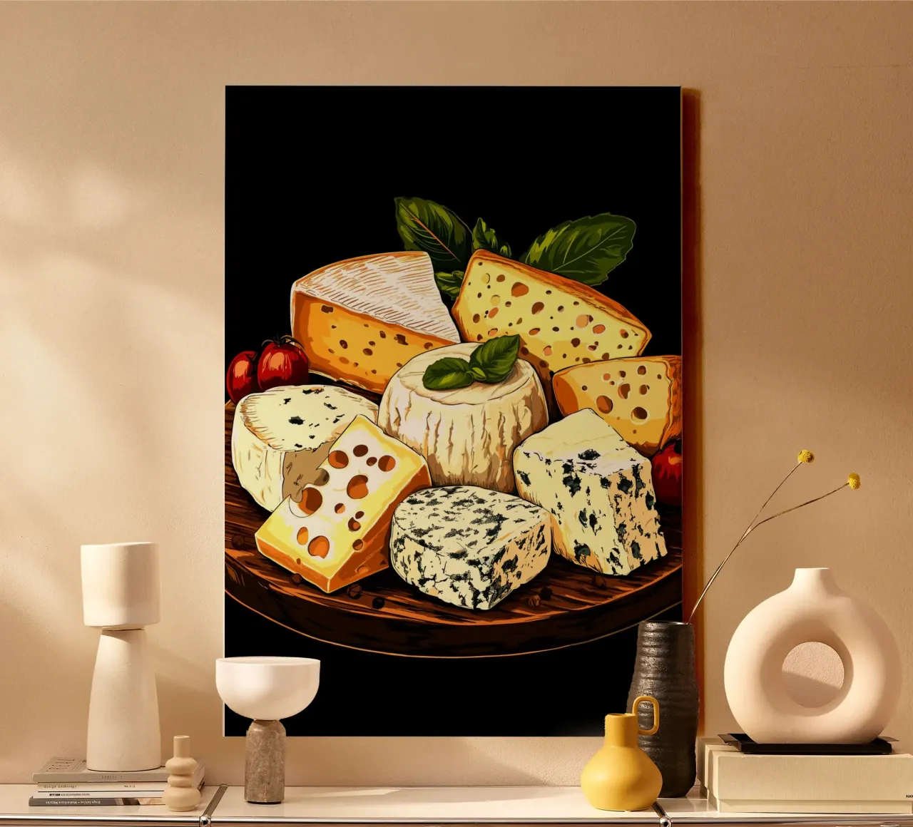Variedad de quesos finos en una tabla de madera lienzo con Marco flotante de pixelbull - medieval art and more