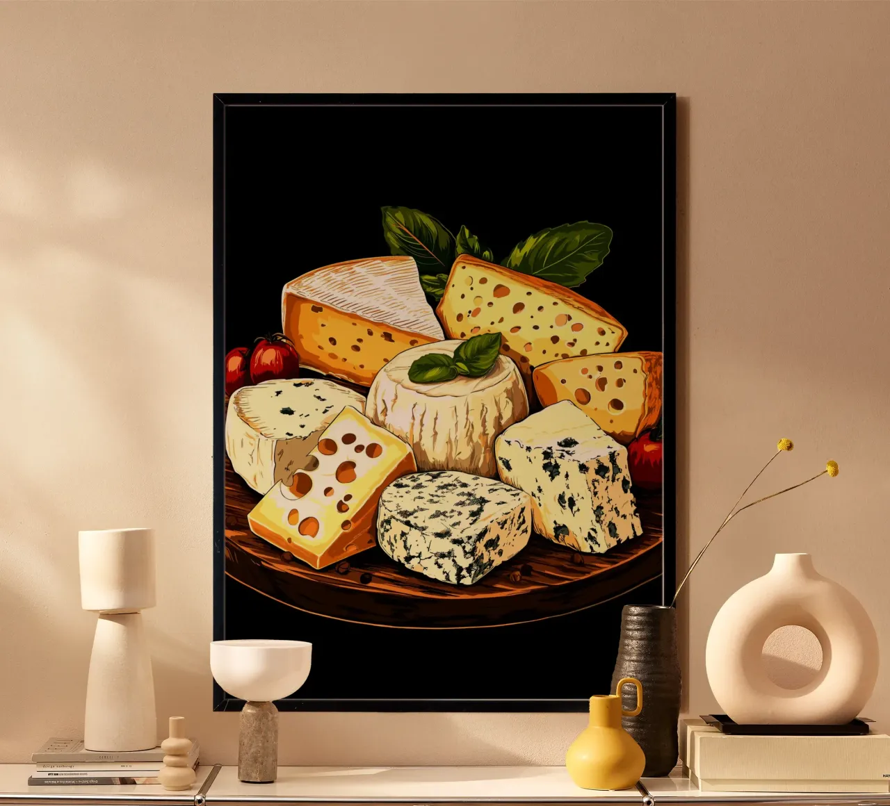 Varietà di formaggi pregiati su una tavola di legno poster con telaio in alluminio da pixelbull - medieval art and more
