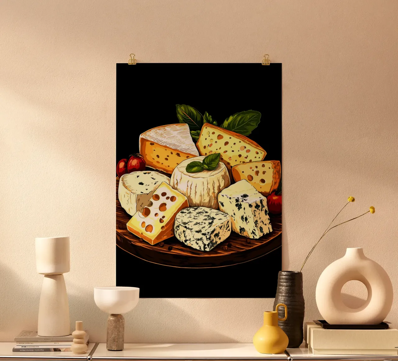 Varietà di formaggi pregiati su una tavola di legno poster con telaio in alluminio da pixelbull - medieval art and more