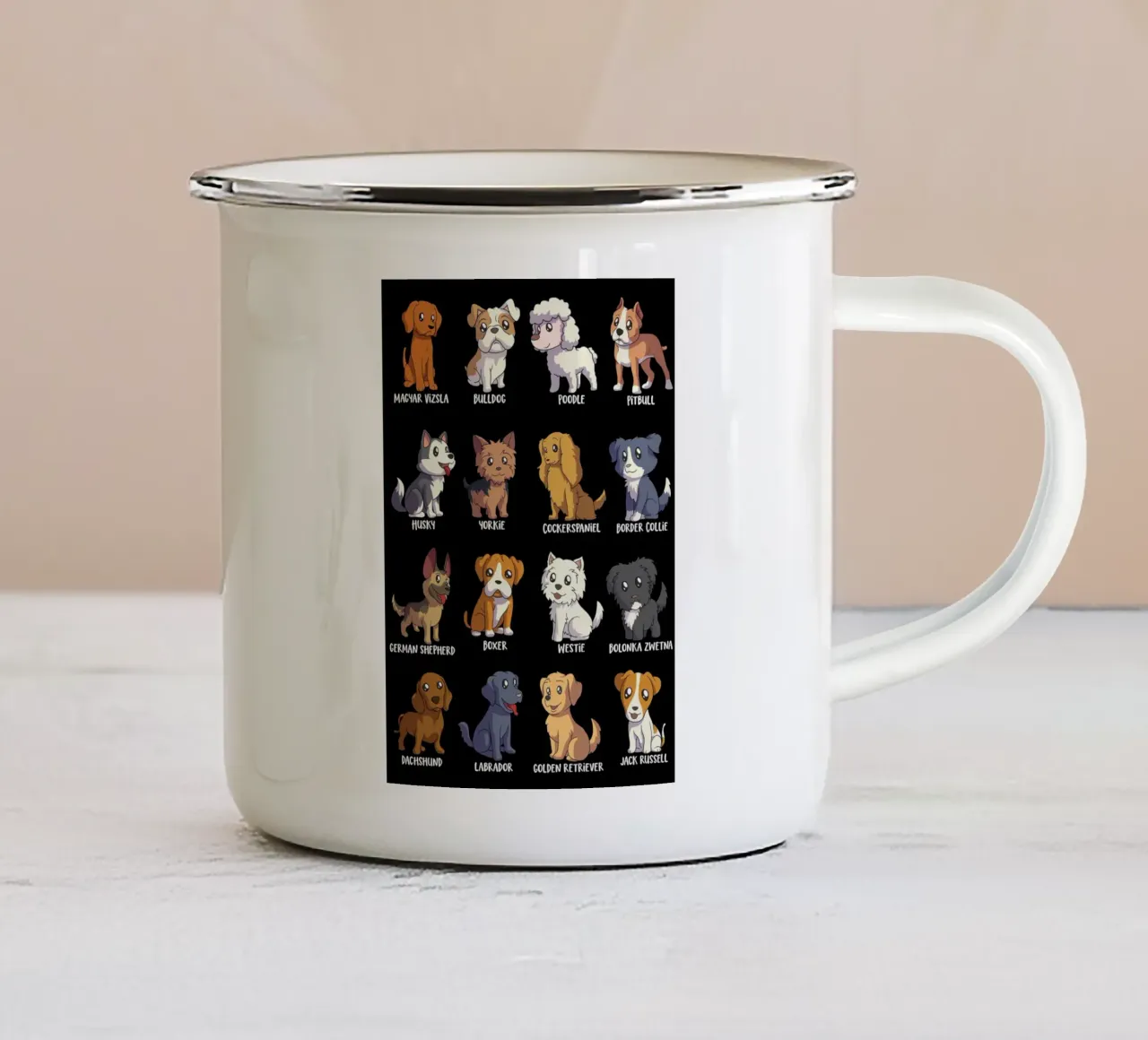 Razze di cani simpatiche in stile cartone animato tazza in smalto da pixelbull - medieval art and more