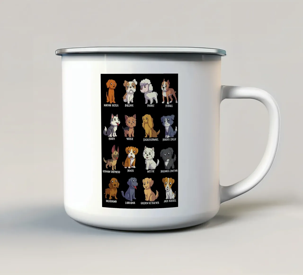 Razze di cani simpatiche in stile cartone animato tazza in smalto da pixelbull - medieval art and more