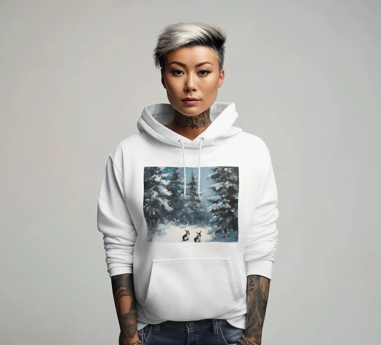Poster invernale con lepri in una foresta innevata felpa con cappuccio da Studio Vibe
